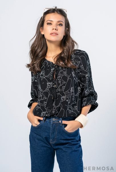 Long-sleeve Cord Tied Black Blouse