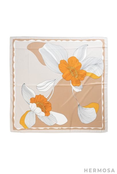 The Lady Yellow Satin Square Scarf with Yellow Beige Elegant Flower Print is a stylish accessory that exudes elegance and adds a touch of sophistication