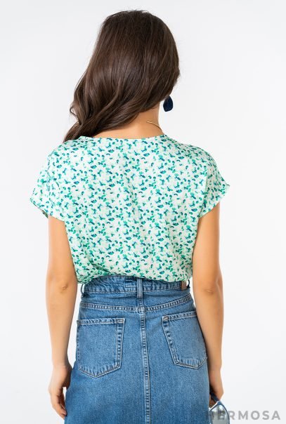 Green Flower Print Satin Blouse