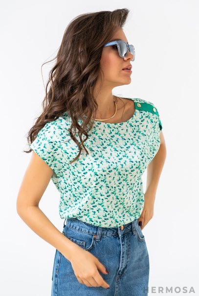 Green Flower Print Satin Blouse