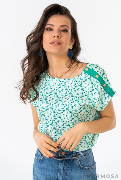 Green Flower Print Satin Blouse